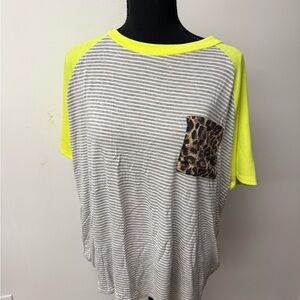 Chic Soul Neon Yellow and Gray Striped Tee with Leopard Accent Pocket Size 3X